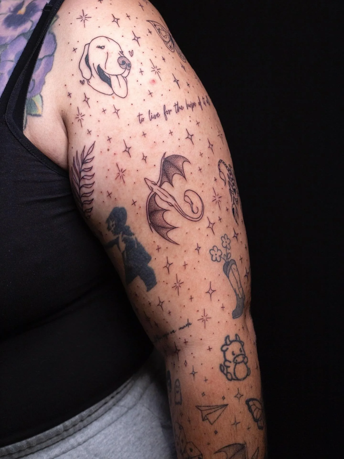 Finished Jess&rsquo;s sparkly patchwork sleeve!!💕💗🙂&zwj;↕️

Thank you so much for working with me on this project!!! I&rsquo;d love to do more like this 🥰

(healed work on the upper arm not by me)

Booking March and April @darkartstattoomd just s