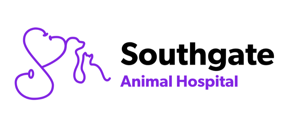 Logo of Southgate Animal Hospital, with the outline of a stethoscope, a dog, and a cat