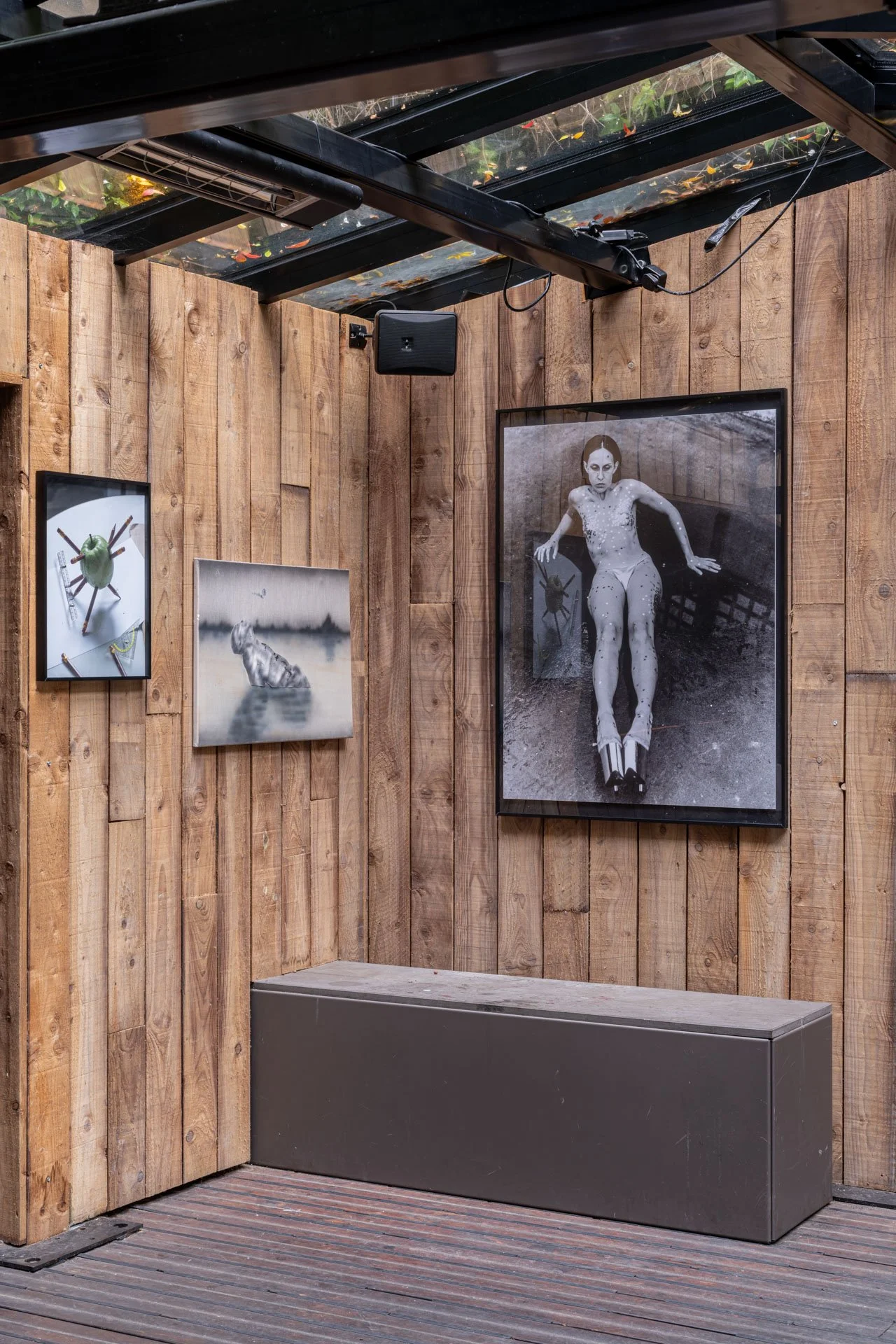 Wood-paneled interior with framed artworks hung salon-style beneath a dark   ceiling grid, creating a rustic, intimate presentation