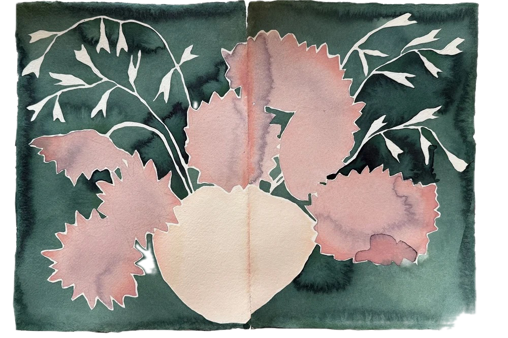 Watercolor painting of a round, pale pink flower with ruffled petals, surrounded by dark green leaves with jagged edges and small branch-like extensions.