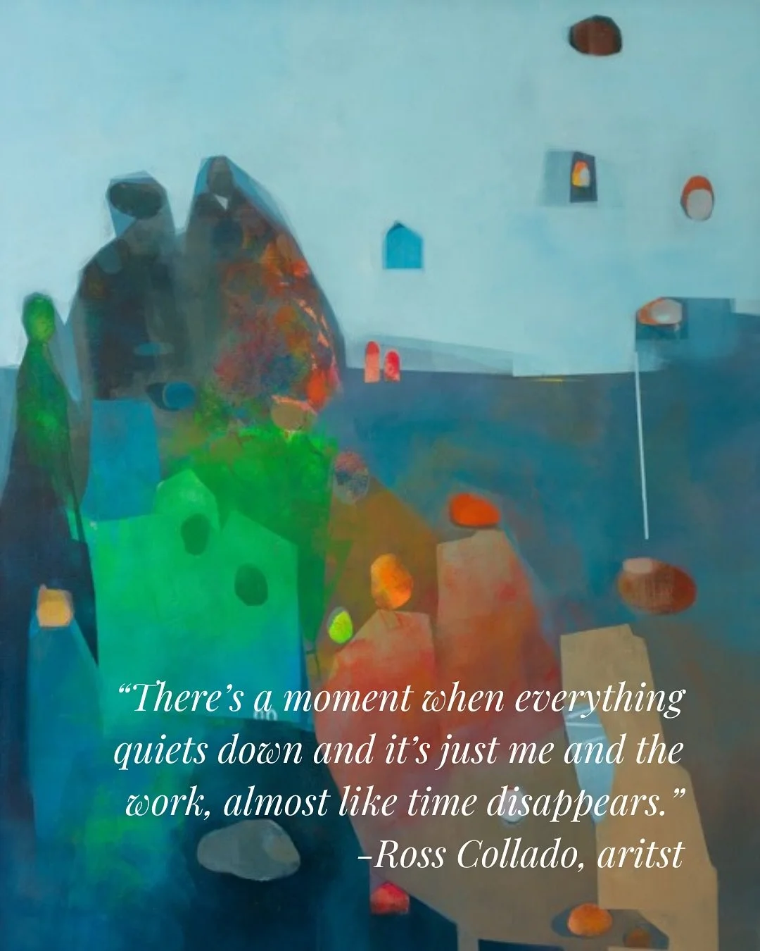 Ross Collado (@ross.collado) is a Filipino-American abstract painter who lets vulnerability bleed onto the surface. As you get closer to his work, figures and marks appear, creating a calm sense of knowing - knowing that you are both in control and n