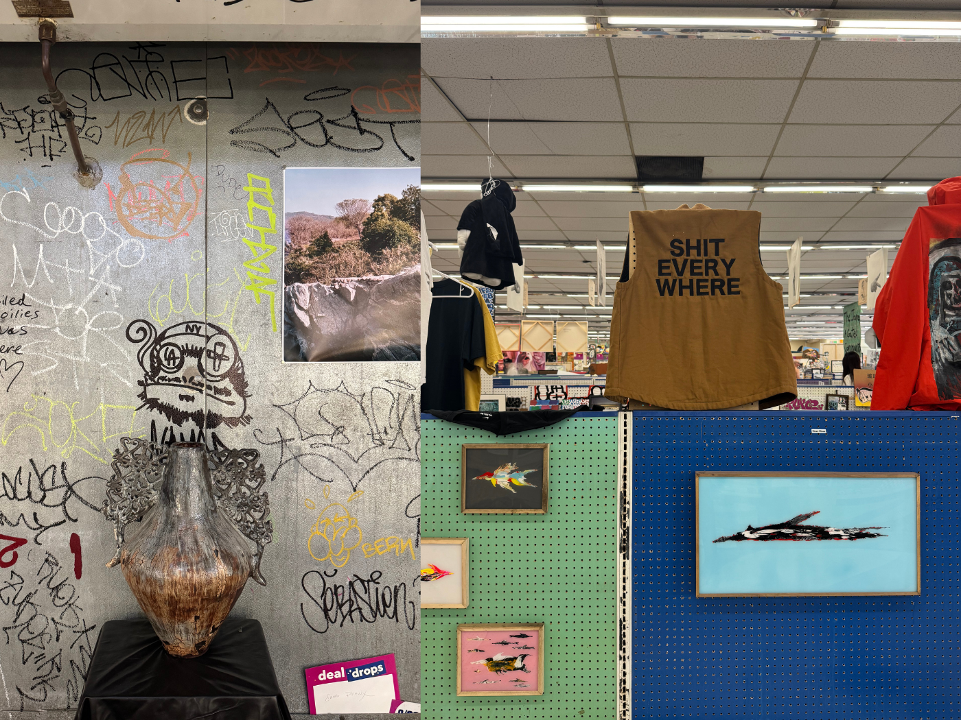 Inside the 99¢ store installation, artworks placed throughout aisles and   inside refrigerated display cases under fluorescent lighting