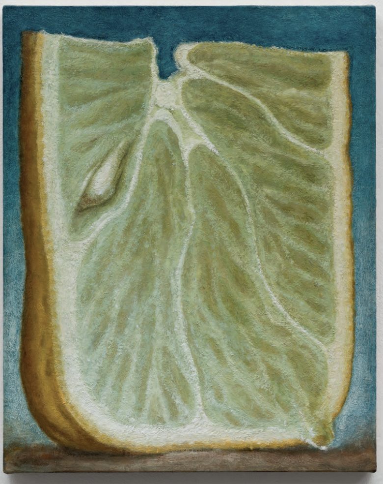 Edward Kay, Sorrento (2026), a small realistic painting of a lemon slice   with precise detail and soft light
