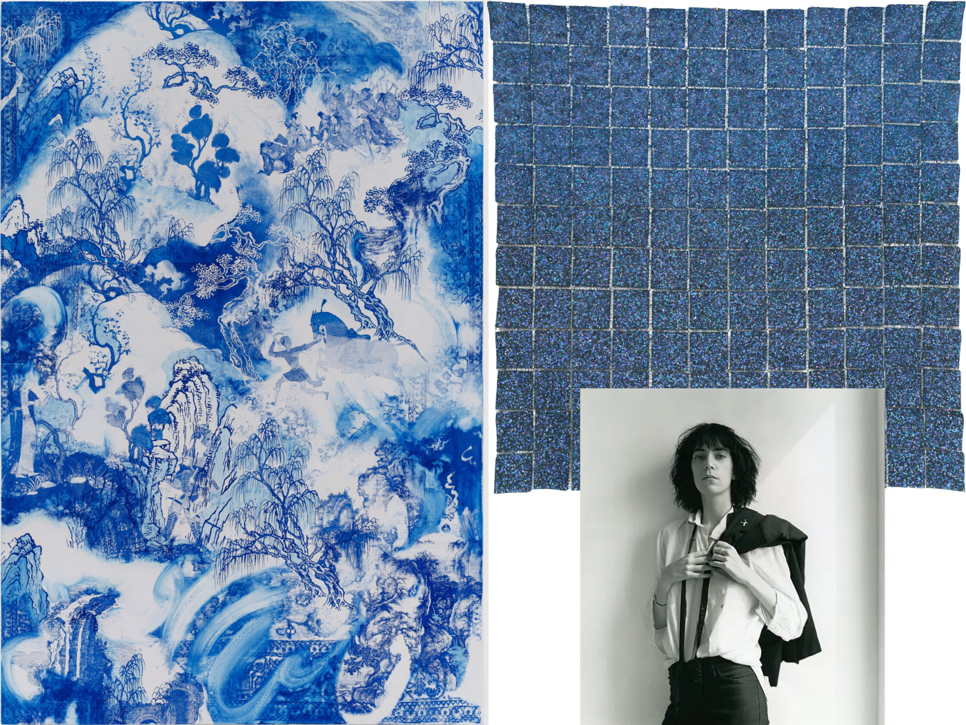 Collage of three artworks: a Kour Pour painting, an abstract dot-filled   work by Howardena Pindell, and Robert Mapplethorpe's photograph of Patti Smith    (1975)
