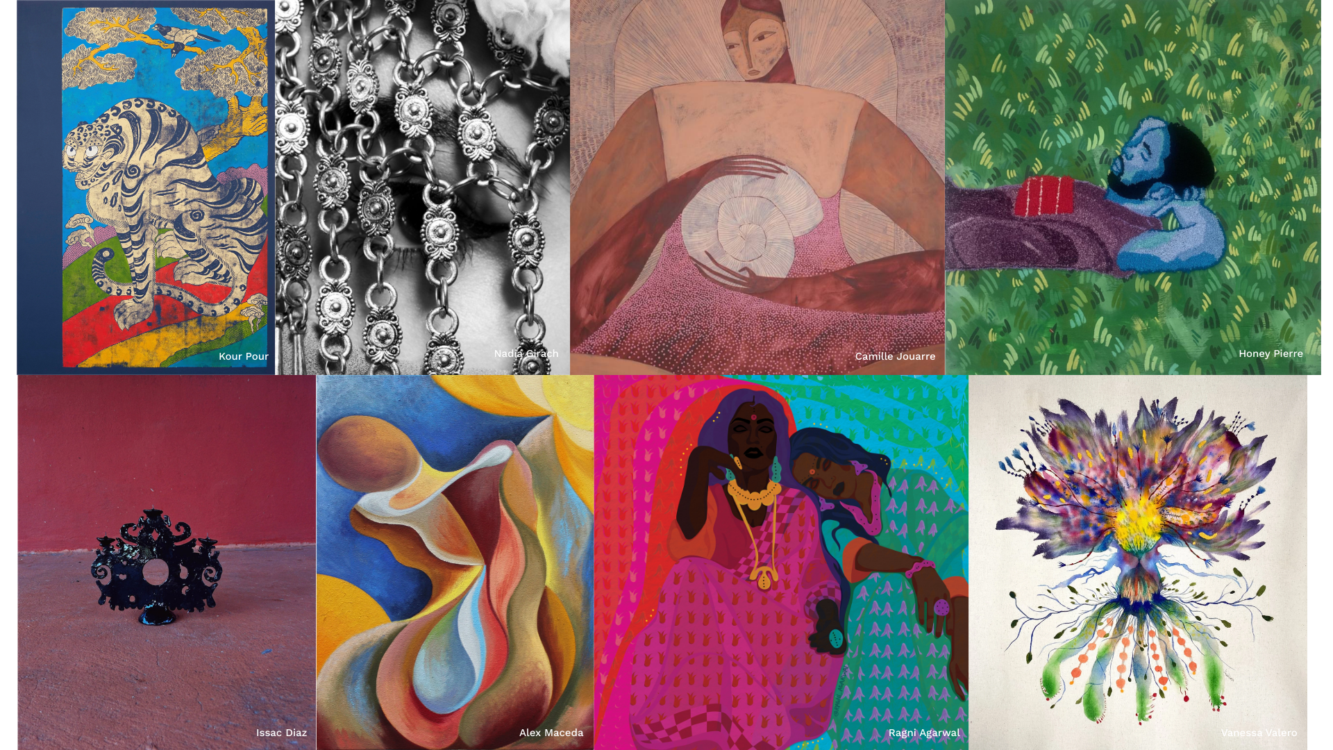 Collage of ten artworks including paintings, jewelry, and drawings, with diverse styles and subjects such as an animal, abstract forms, and portraits.