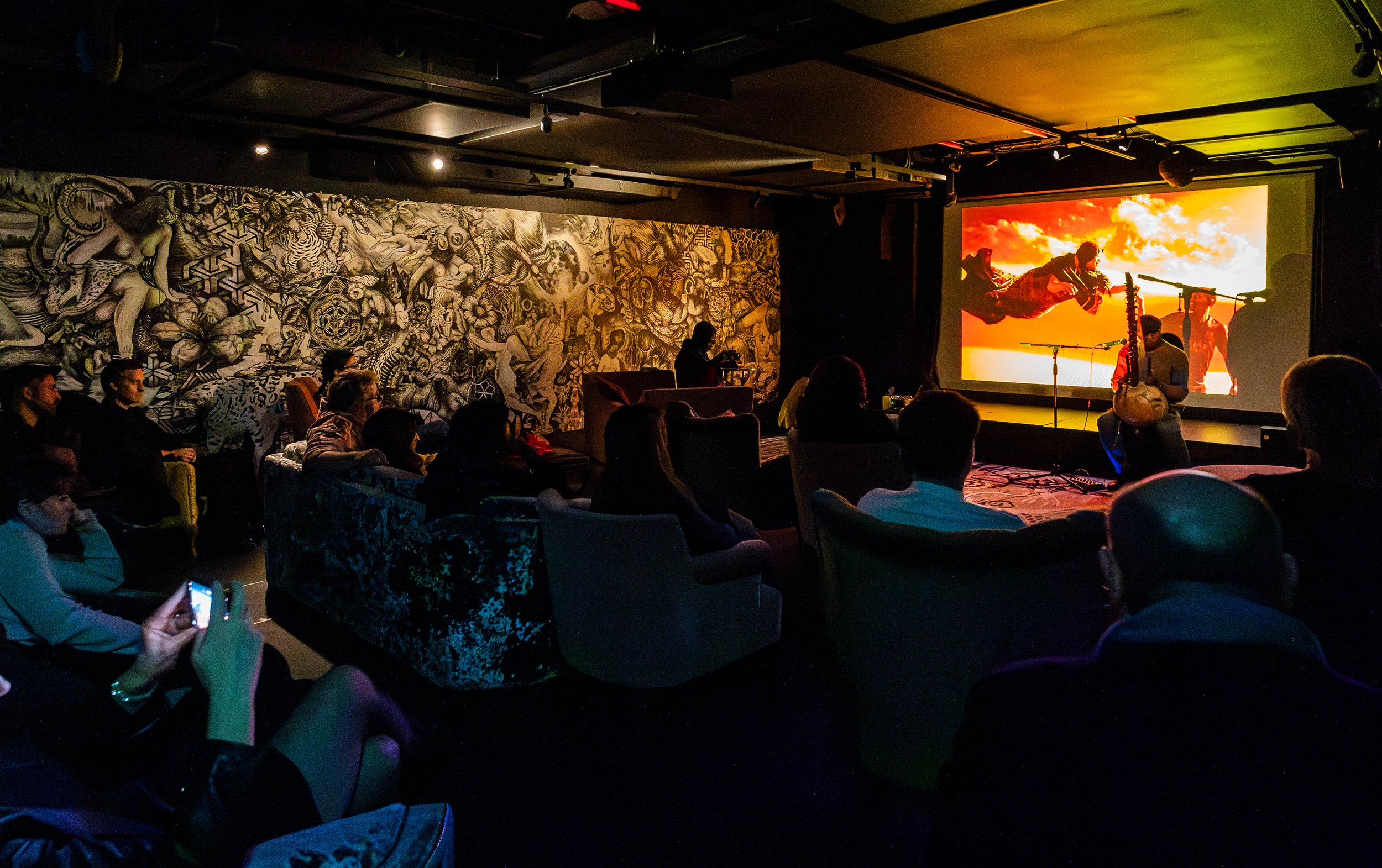 Dark screening room with seated viewers watching projected visuals, showing    Minor Attractions film programming