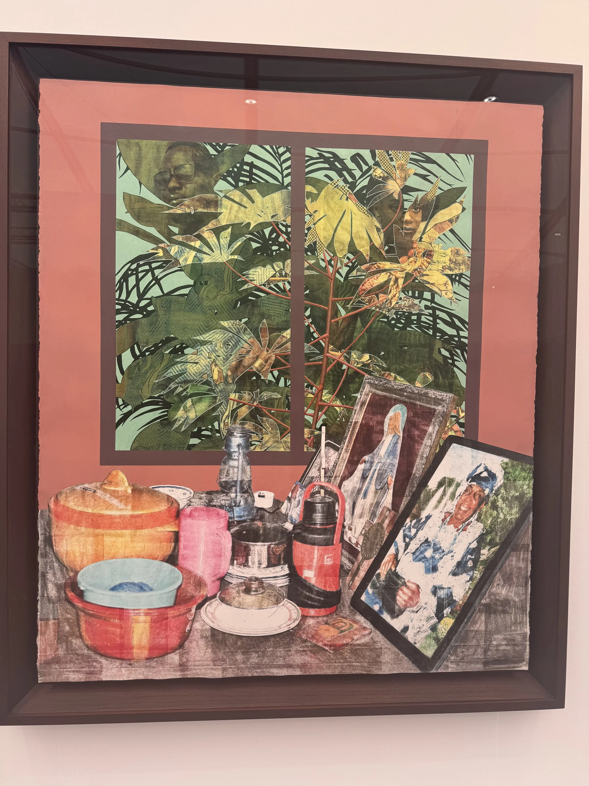 Njideka Akunyili Crosby, Grandmother's Parlour (2016), a layered interior   scene combining painted figures and patterned collage details