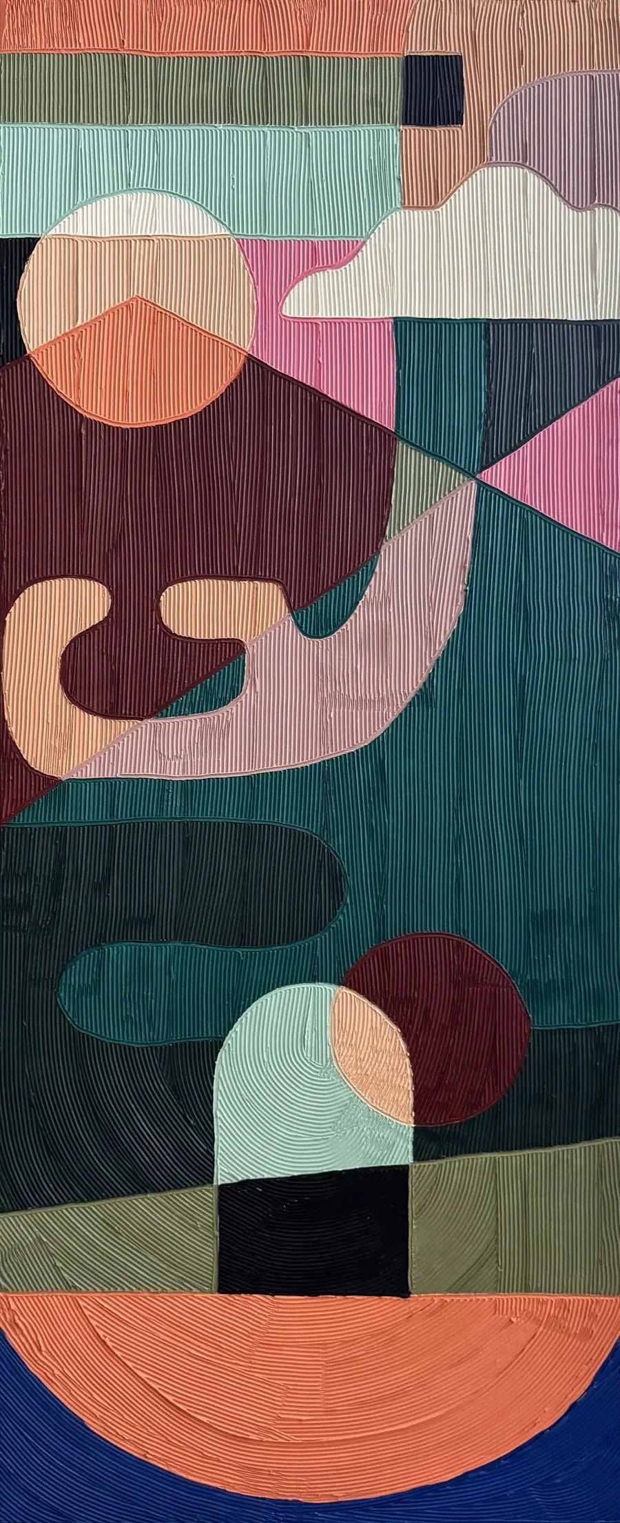 Abstract geometric artwork featuring overlapping shapes and lines in shades of coral, teal, purple, cream, black, dark green, and red.