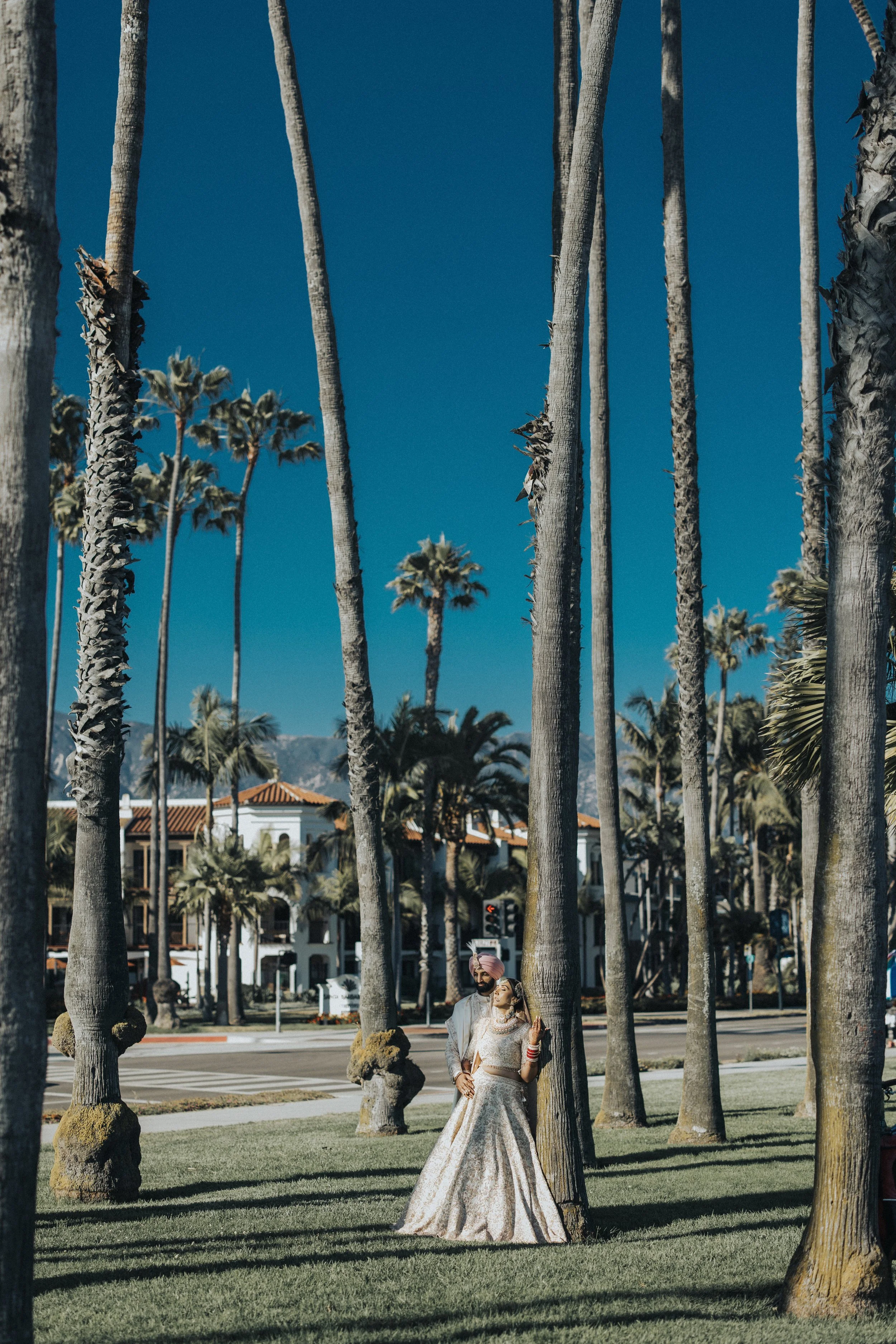 A bride and groom in traditional Indian wedding attire standing among tall palm trees in a park with a building in the background under a clear blue sky.