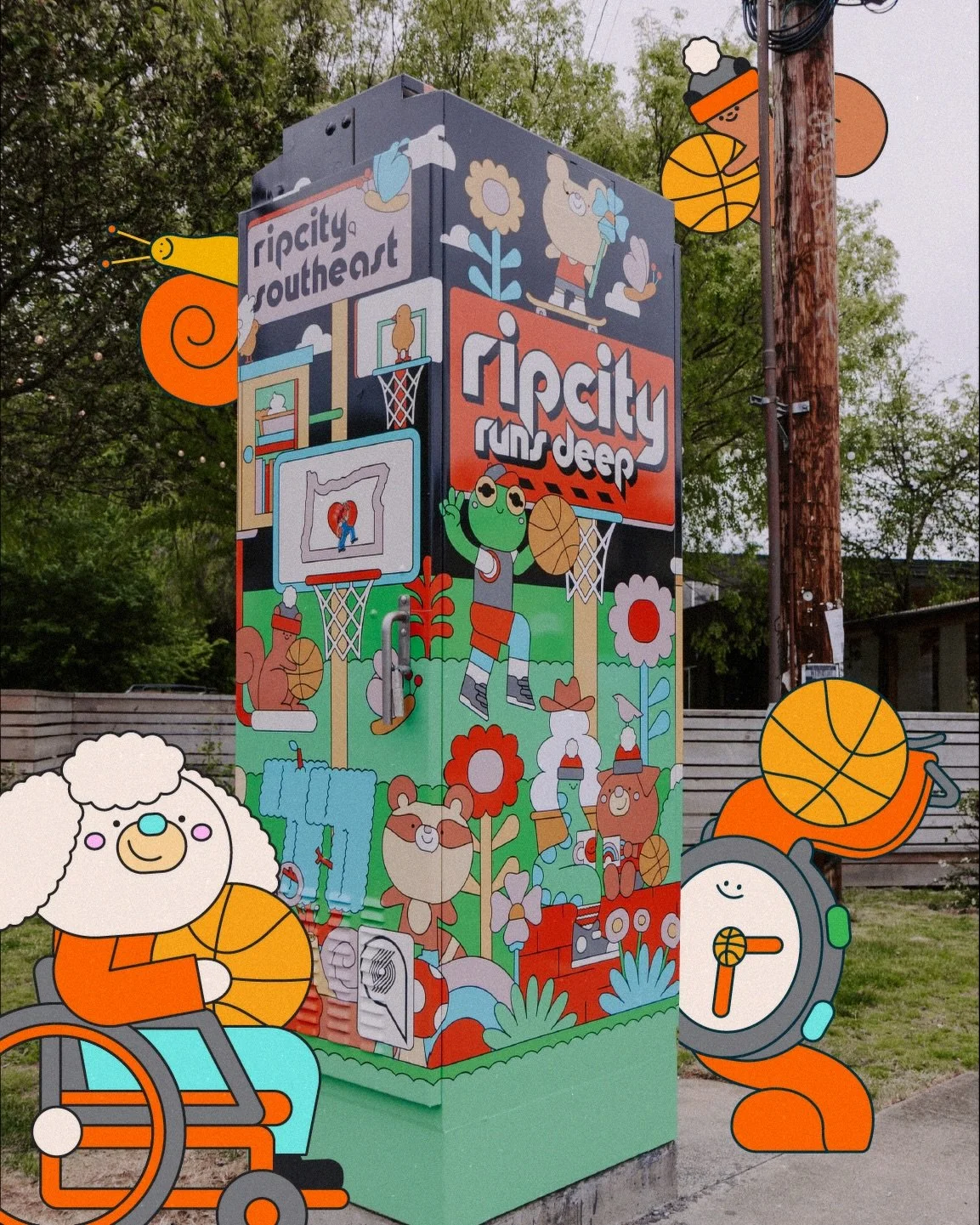 Excited to share this utility box mural project with the @trailblazers! Catch all the artists&rsquo; work around town and mine in SE (locations in post). I spent a lot of time creating a little Portland and SE-inspired world filled with all the weird