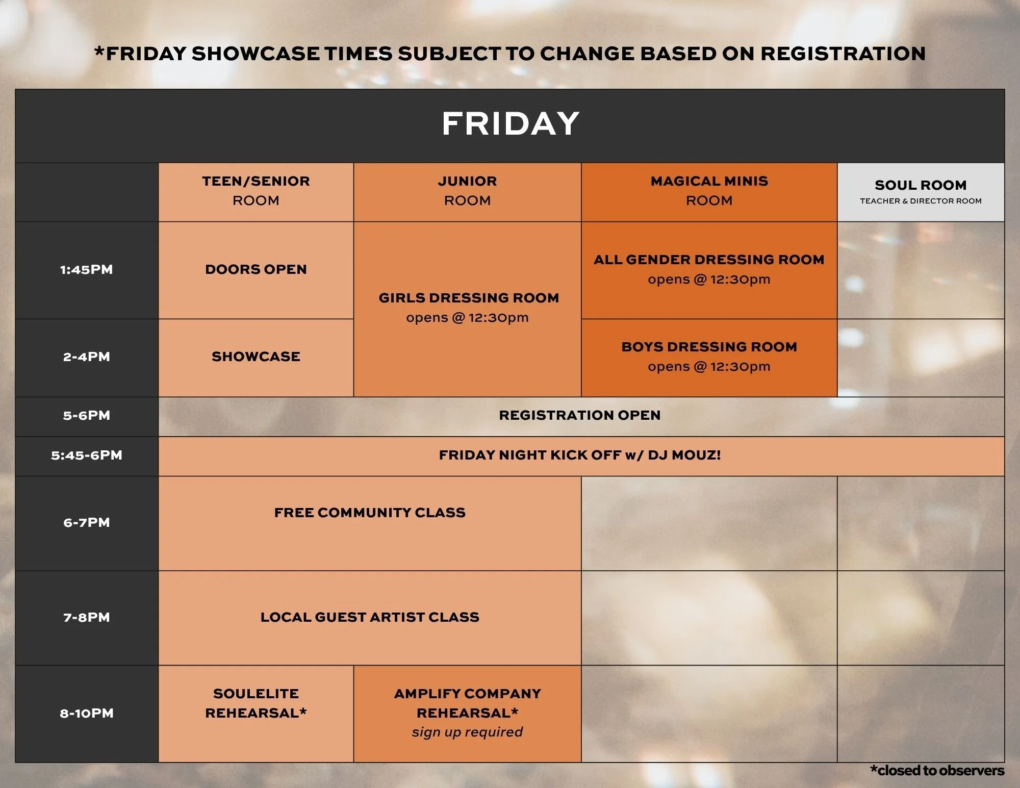 Weekly schedule for Friday with various event times and descriptions, including rooms and activities such as showcase, rehearsals, classes, and performances.
