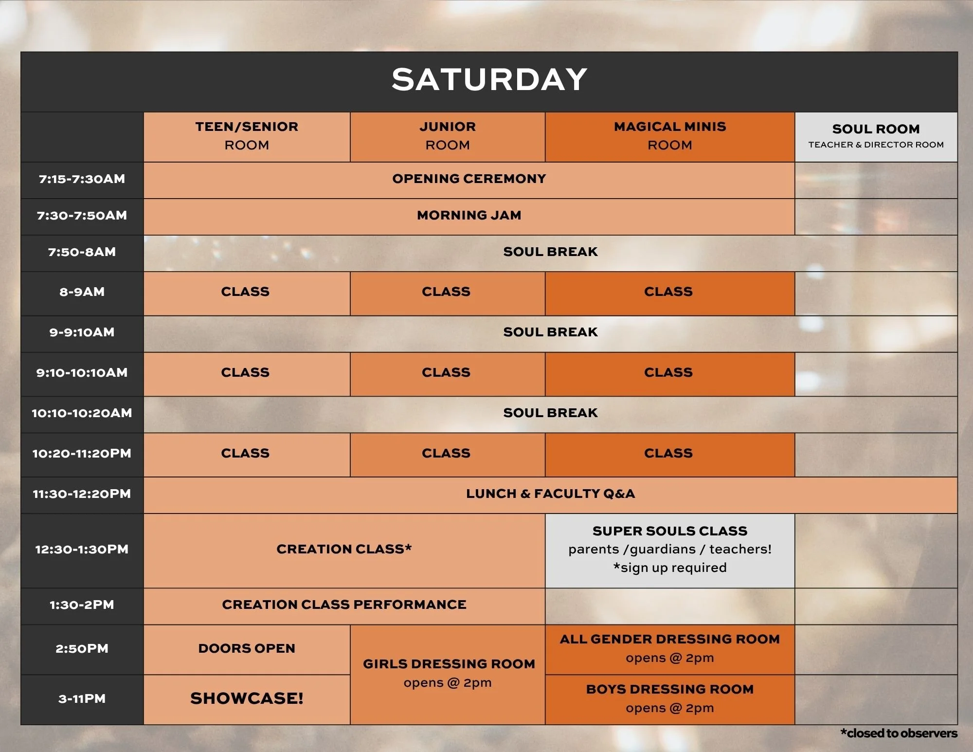 A detailed Saturday schedule for various rooms and activities, including classes, breaks, lunch, and special events, with time slots and room designations.
