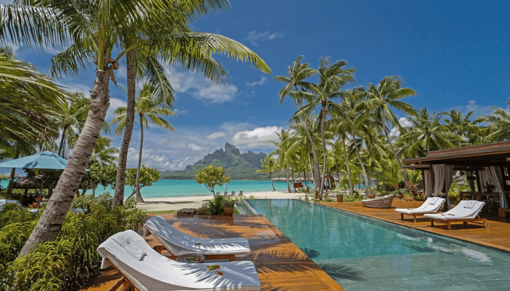 Two-bedroom beachfront villa at Four Seasons Resort Bora Bora with private pool, white sand, and sweeping lagoon views French Polynesia