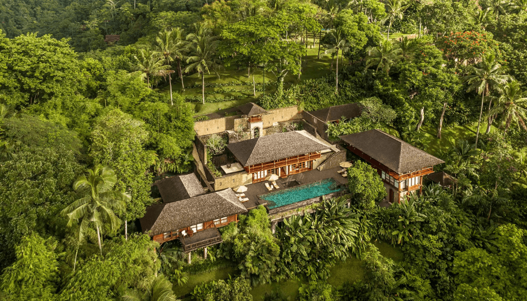 Tirta Ening Residence at COMO Shambhala Estate Bali with open-air jungle pavilion and Ayung River valley views Ubud