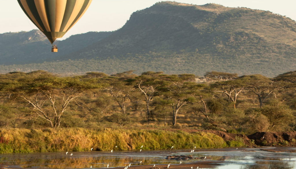 Hot air balloon floating over the Serengeti plains at dawn with wildlife visible below — Tanzania honeymoon safari