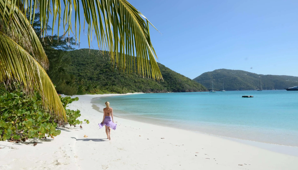 Secluded white sand beach at Guana Island private resort in the British Virgin Islands with calm turquoise water and tropical vegetation framing the shore
