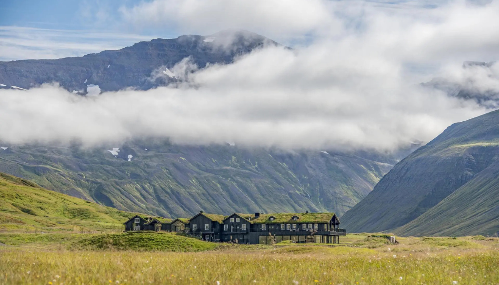 Luxury lodge exterior of Deplar Farm by Eleven Experience on the remote Troll Peninsula in northern Iceland