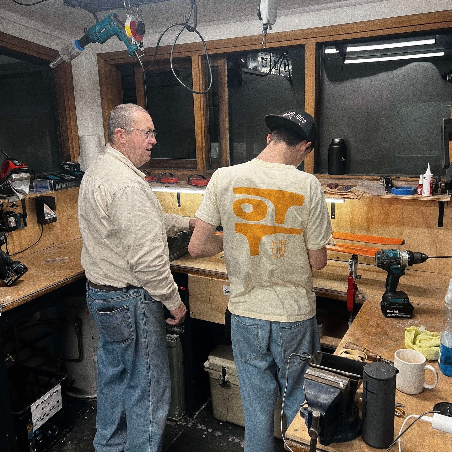 Young Jacko being taught by the master Rocky Mick. 

We&rsquo;re so lucky to have Mick continuing to help since taking over the business. It&rsquo;s very cool watching the ski tech skill passed down through generations 👍