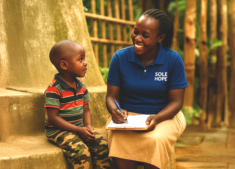 Sole Hope staff member talking with a boy during counseling in Uganda