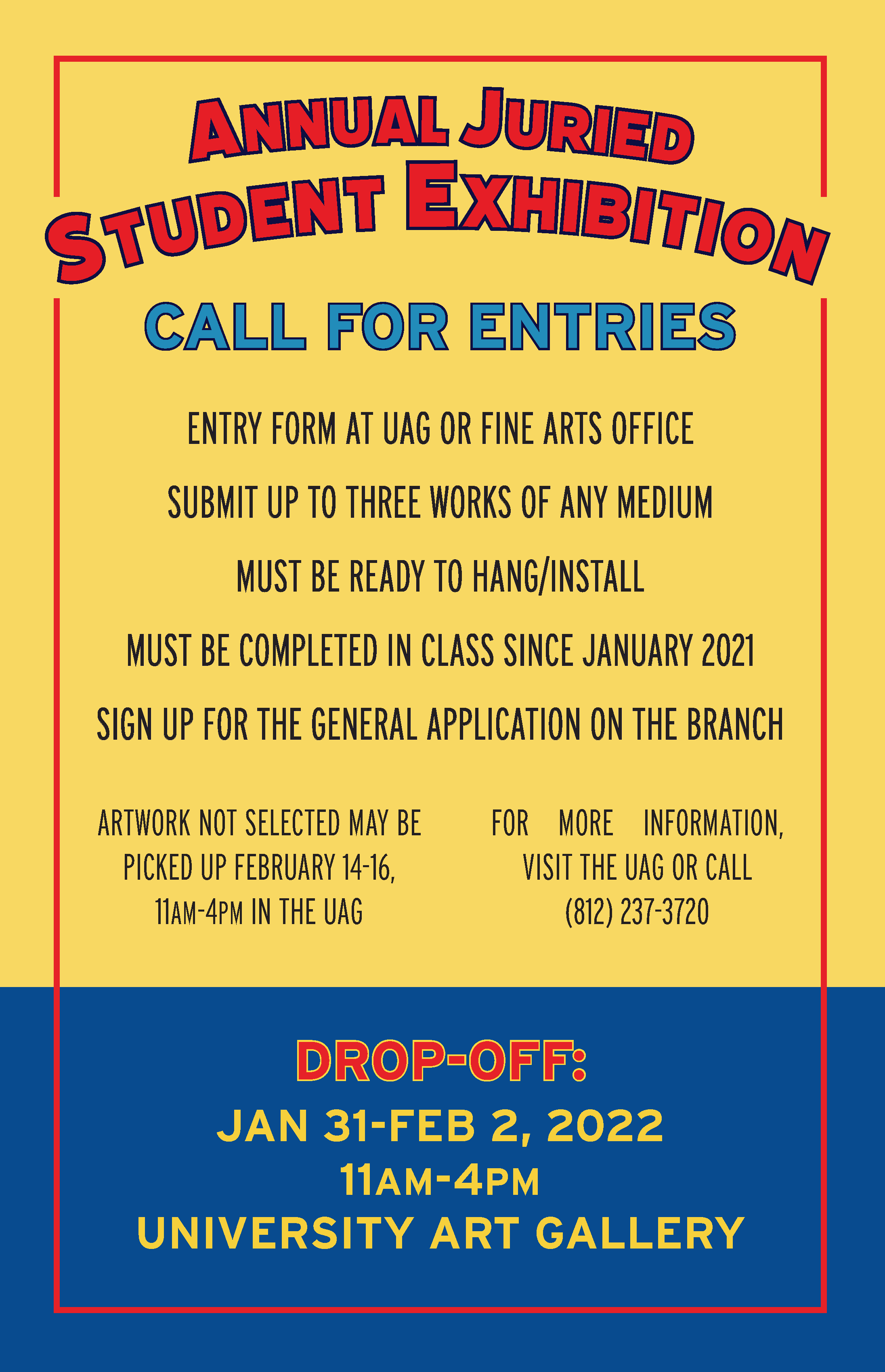 A circus-inspired callout poster with a yellow and blue background; red, blue, yellow, and black text; and a red border. It looks more organized than it sounds, I promise.