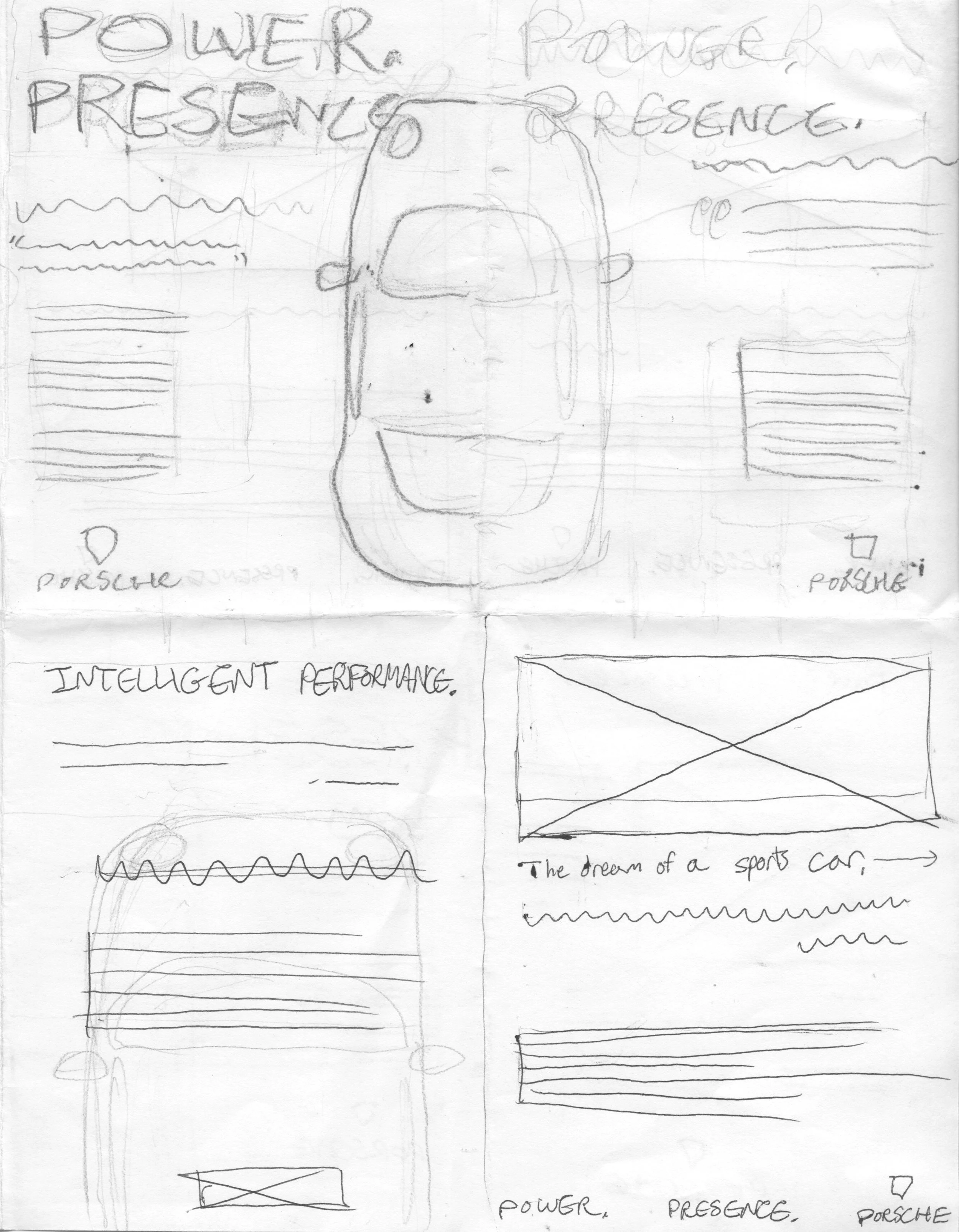 Thumbnail sketches testing different layouts for a Porsche poster design.
