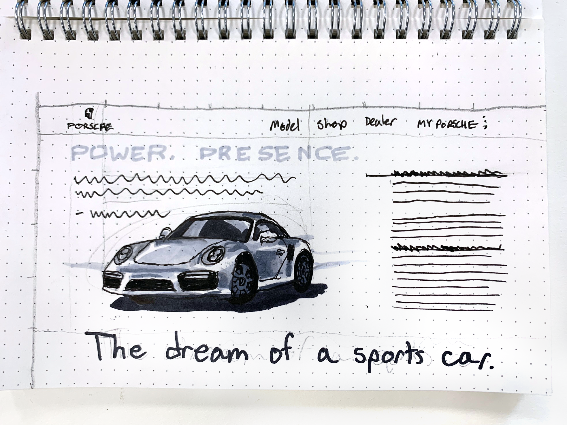 An ink and marker drawing of a Porsche webpage. It has a navigation bar on the top. Under that are the words, "POWER. PRESENCE." followed by a picture of the car and a few paragraphs of text, then the words, "The dream of a sports car" on the bottom.