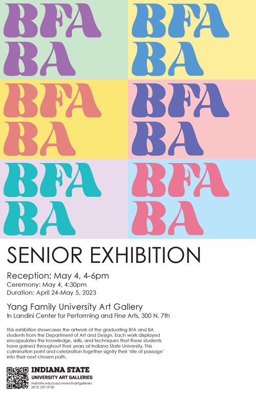 A poster for the BFA BA Senior Exhibition. The bottom third of the poster has information in black lettering on a white background, now in a different font. The top two thirds of the poster has BFA BA written in six blocks of pastel colors.