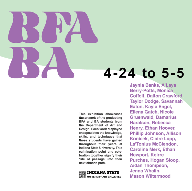 A design for a movable wall that says BFA BA in purple lettering against a green and white background. The dates, students' names, and exhibition information are in the bottom right corner.