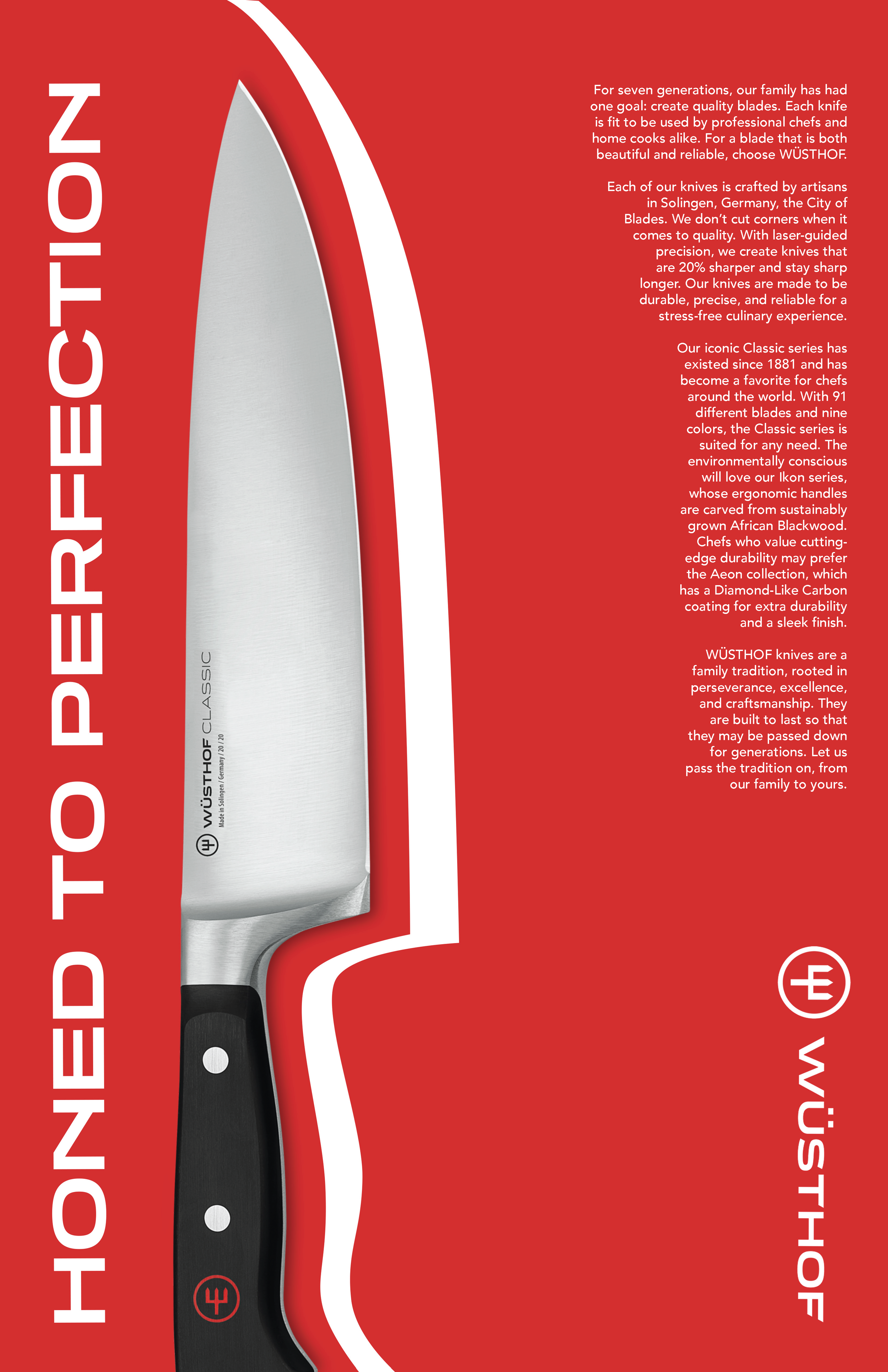A poster advertising Wusthof knives. It has a red background with a large picture of the knife, a curving white line, and white text that reads, "HONED TO PERFECTION."