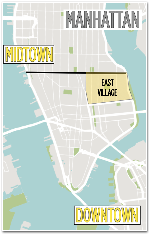 carte du quartier de East Vilage dans le Downtown de Manhattan à New York City