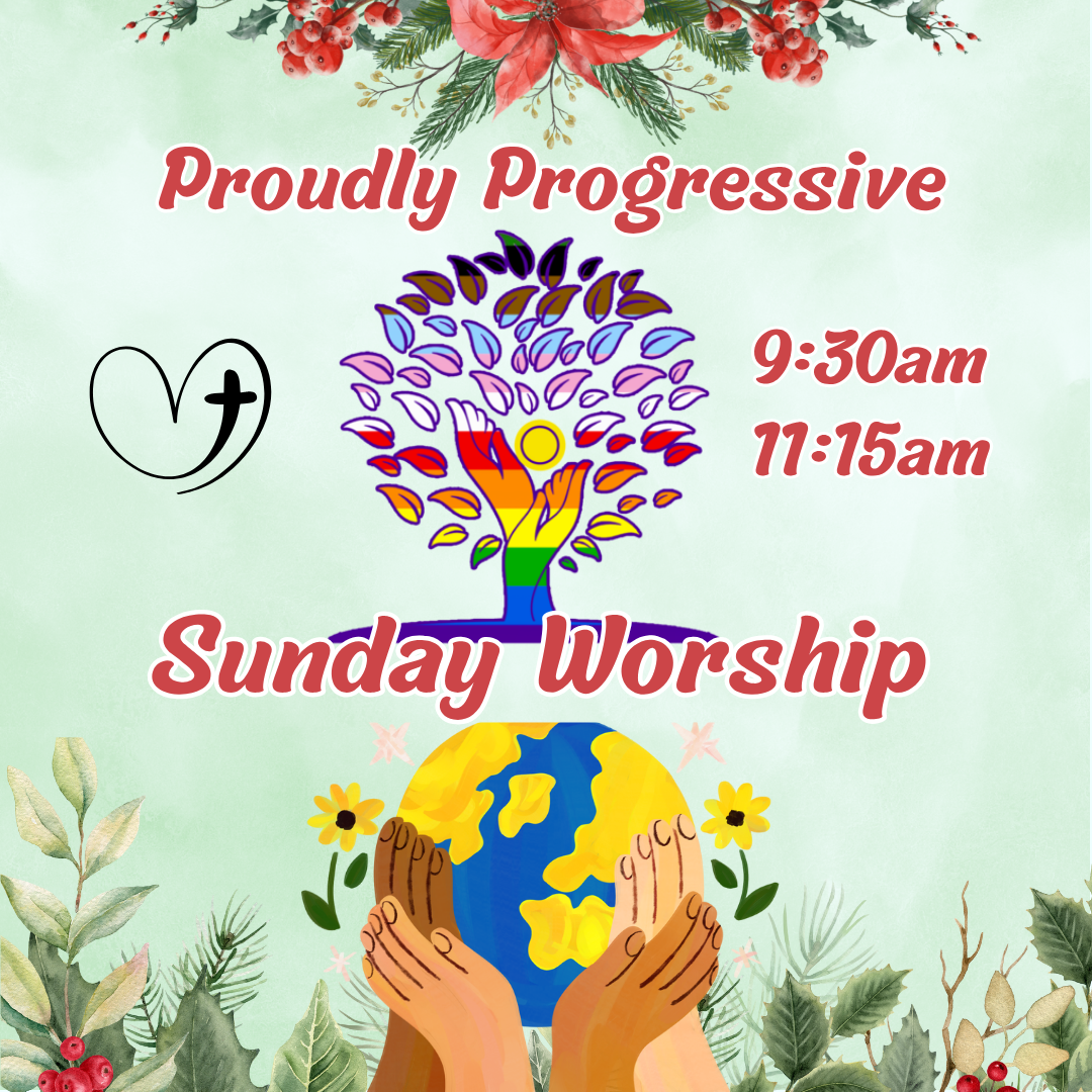 A progress pride flag colored tree with leaves and hands as the trunk many colored hands hold up the earth and hearts a curved heart with a cross, winter holly and poinsettias