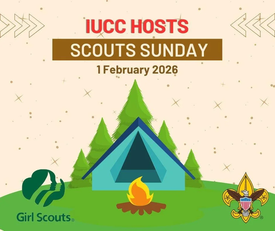 Tent and campfire amidst green trees and grass, the logo of Girl Scouts and Scouting America