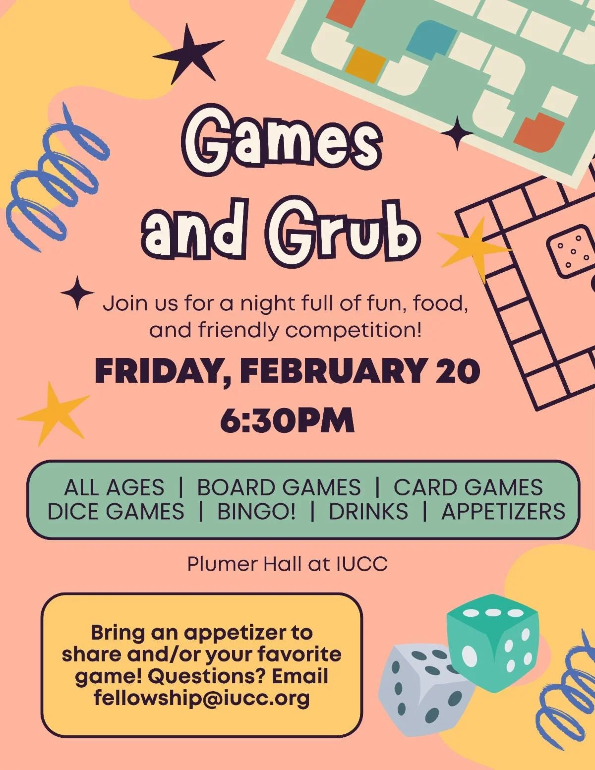 Coral background with game boards dice, playing tokens and stars abound. All ages board games card games dice games Bingo! drinks appetizers