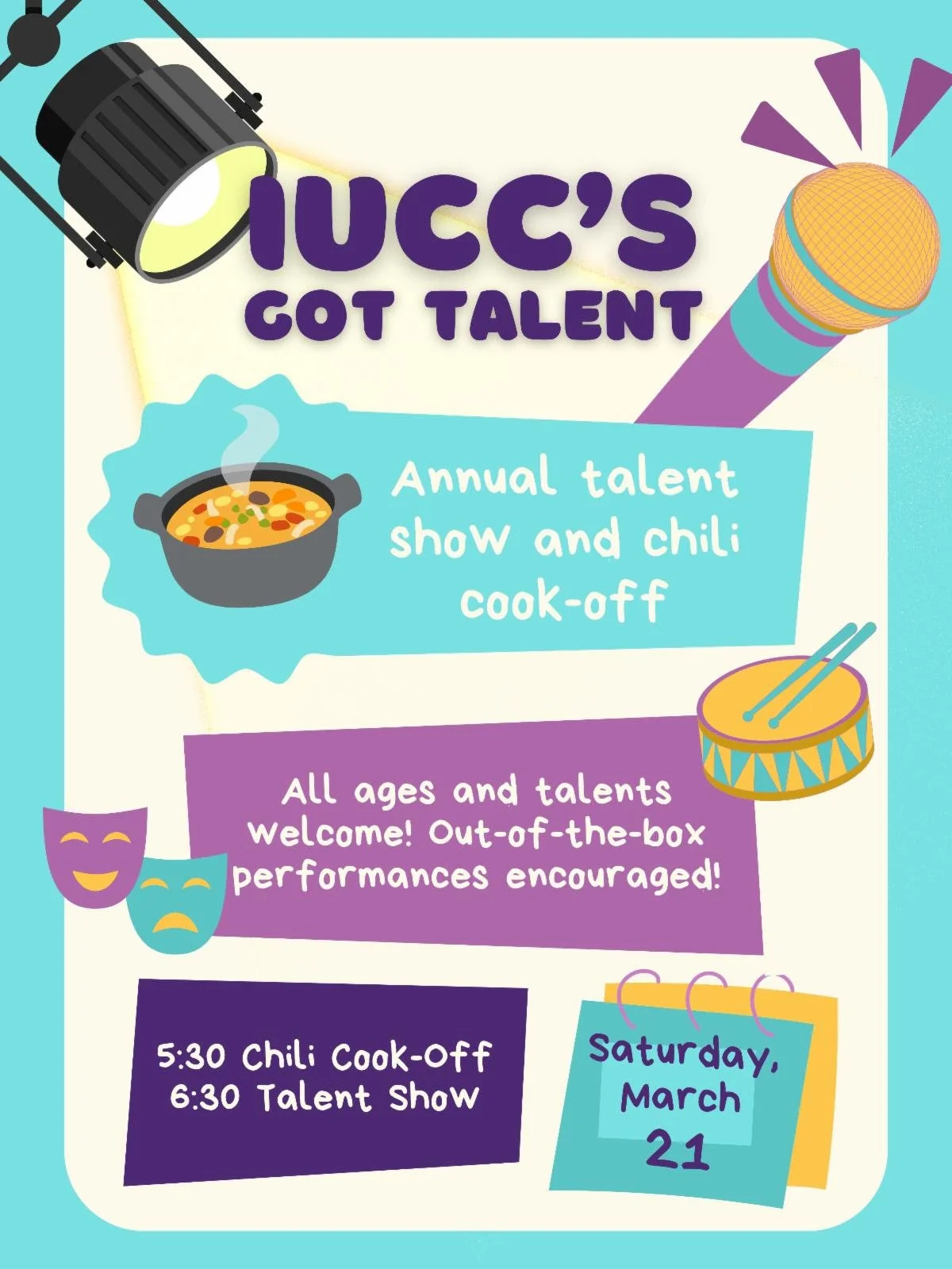 A spotlight highlights a mic, a pot of chili, drama masks, and a drum