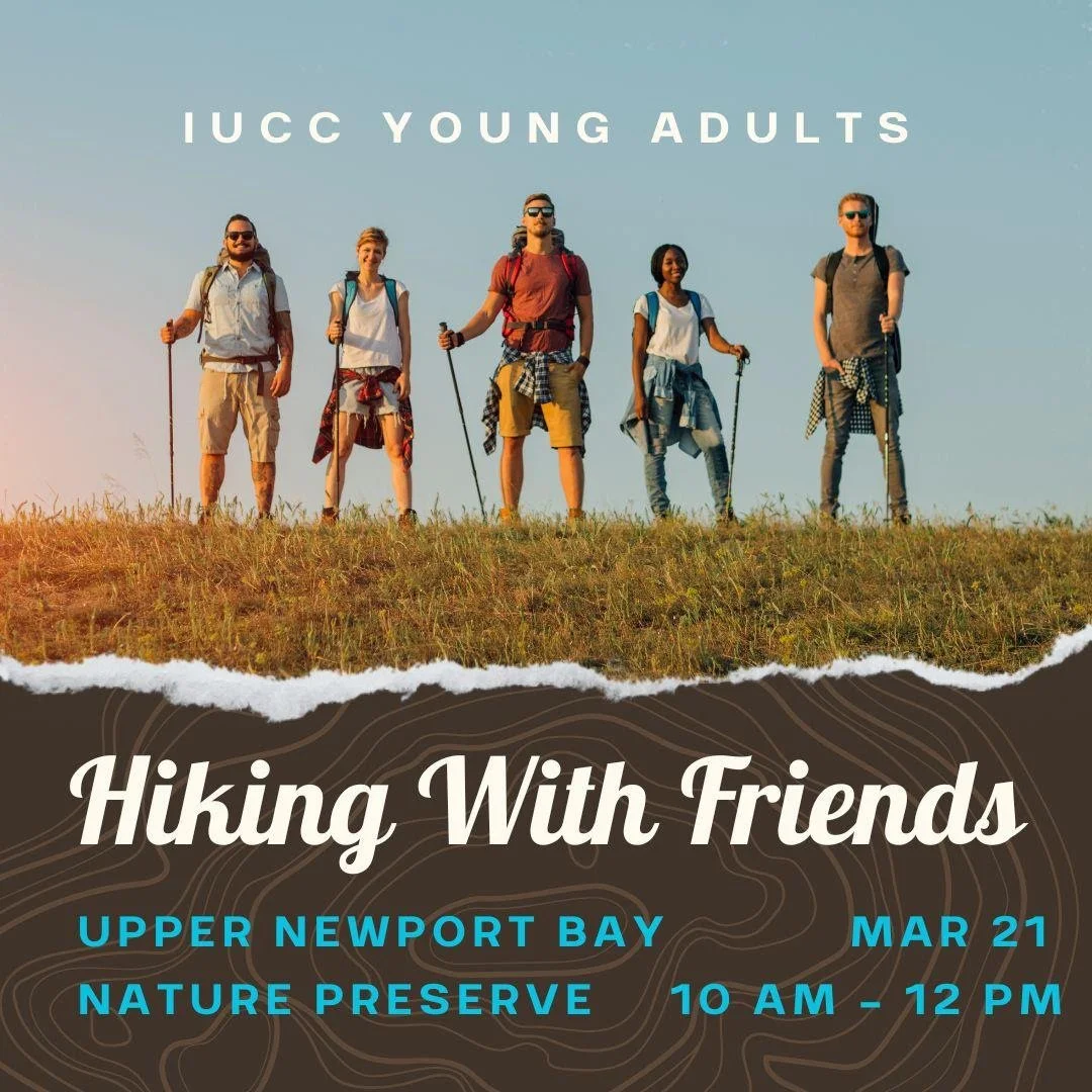 A set of four young adults in casual hiking clothes and poles stand together looking determined or happy at the viewer