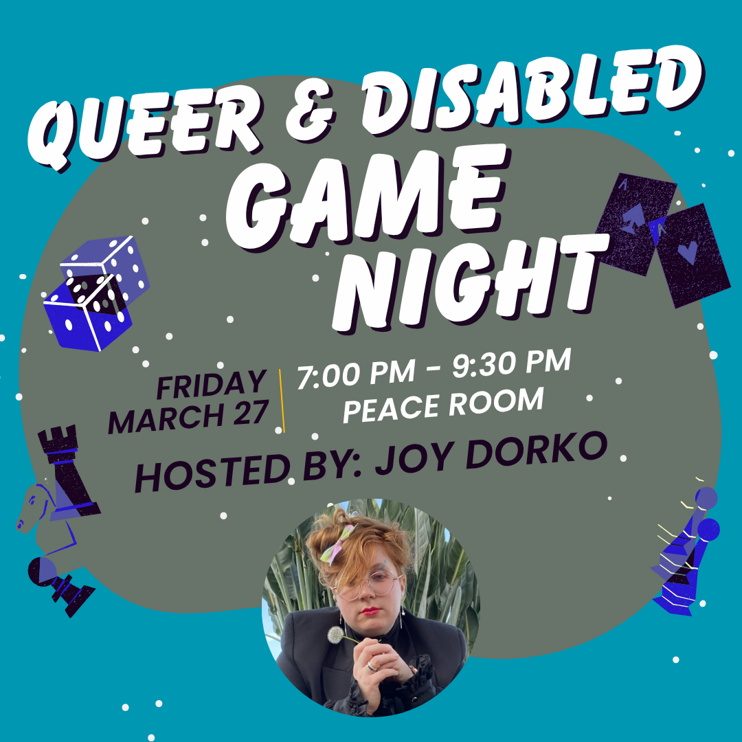 teal background sprinkled with purple game pieces. Photo of Joy with red haired and a black suit looking at a dandelion