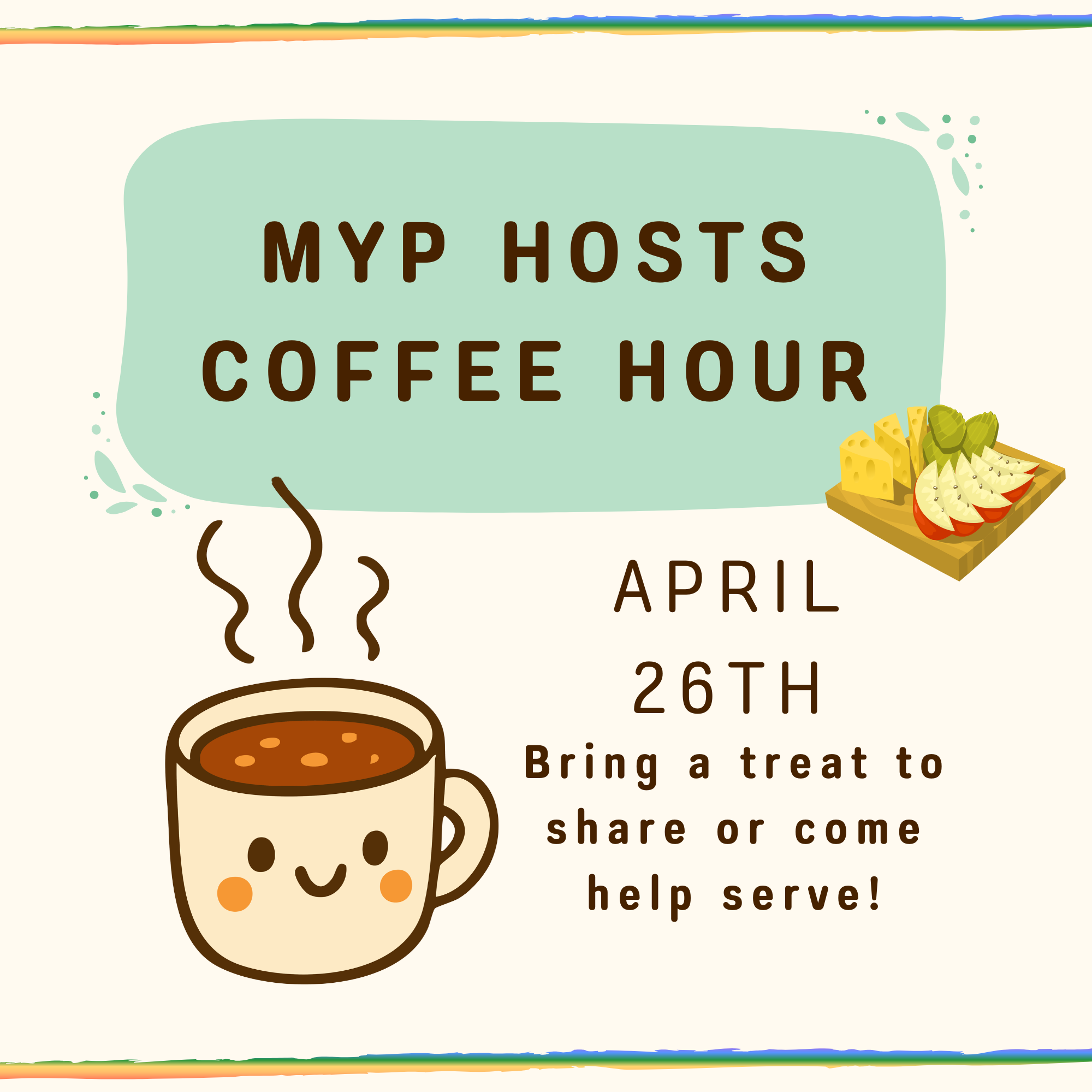 A smiling coffee cup and a cutting board with cheese and fruit