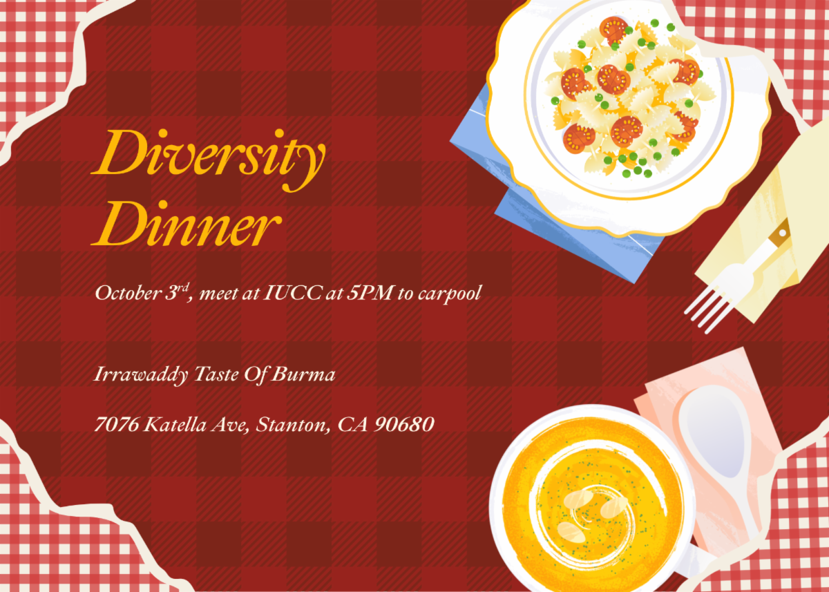 red background with an illustrated Burmese dish and a warm beverage