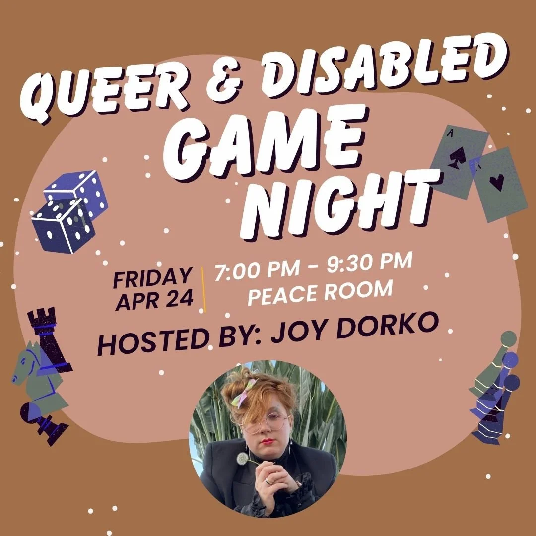 Brown background sprinkled with game pieces. Photo of Joy with red haired and a black suit looking at a dandelion