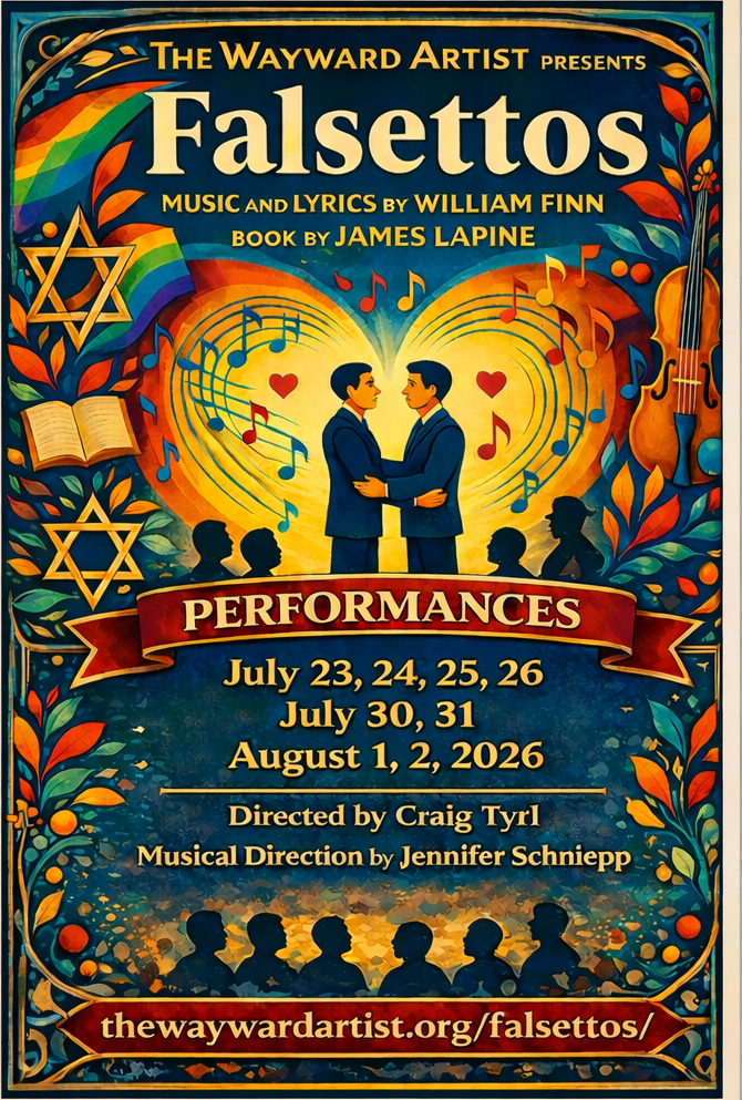 Two solemn suit wearing men hold each other against a musical heart with a book star of david and pride flags nestled in colorful leaves