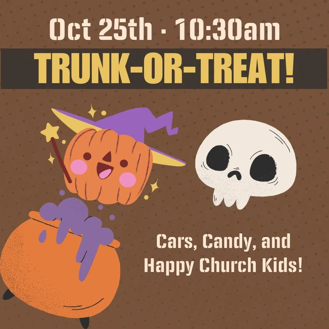 A illustrated skull and smiling pumpkin with a witch hat next to a purple bubbling cauldron