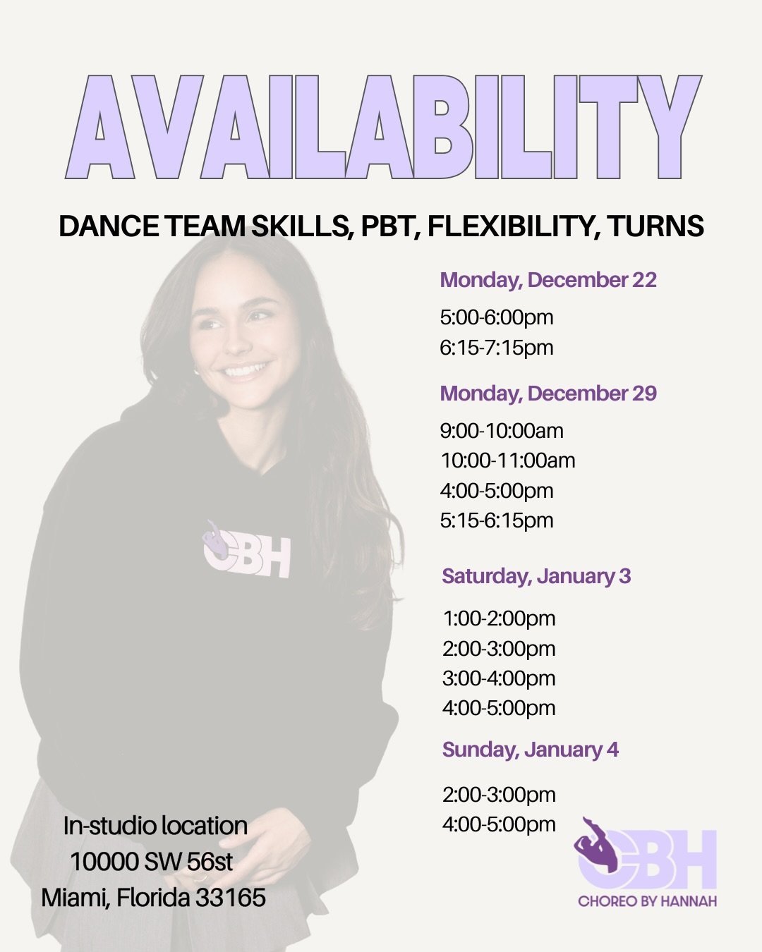 Winter Break Training 💪🏻❄️

DANCERS! Become your best self in time for competition season and dance team auditions this Winter Break! 

⬇️Private types below:

🏆Dance Team Prep (1-on-1 &amp; 2-on-1)
🤸🏻&zwj;♀️Flexibility/Assisted Stretch (1-on-1)