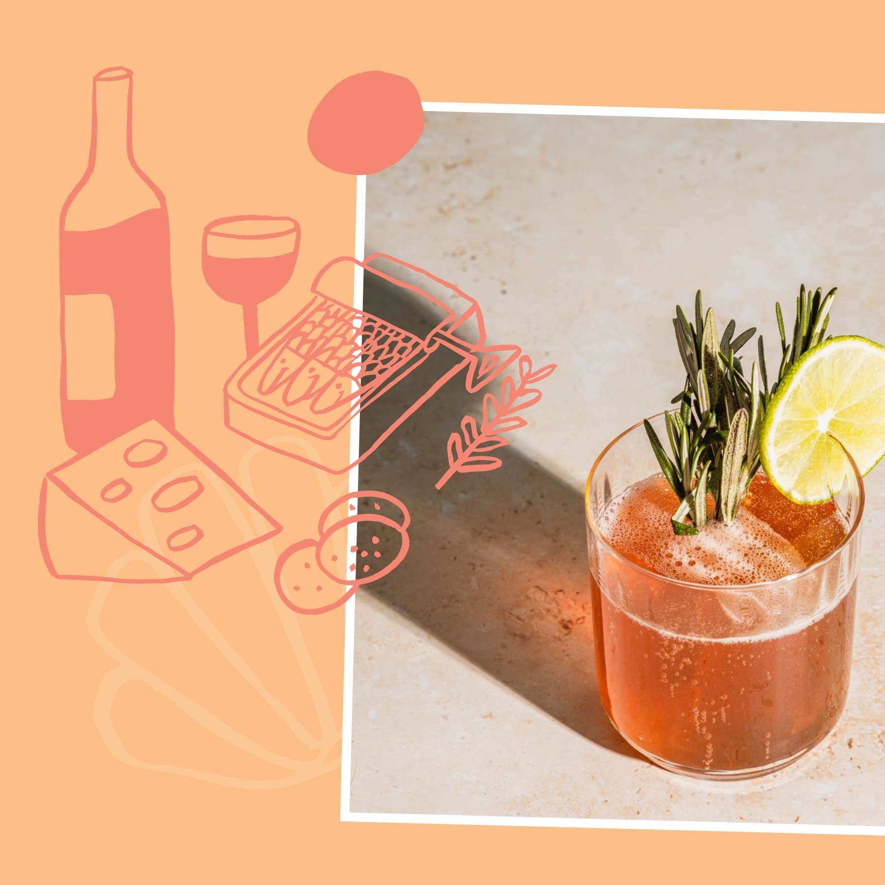 A cocktail garnished with rosemary and a lime slice beside artistic sketches of wine, cheese, and a grater on an orange background.