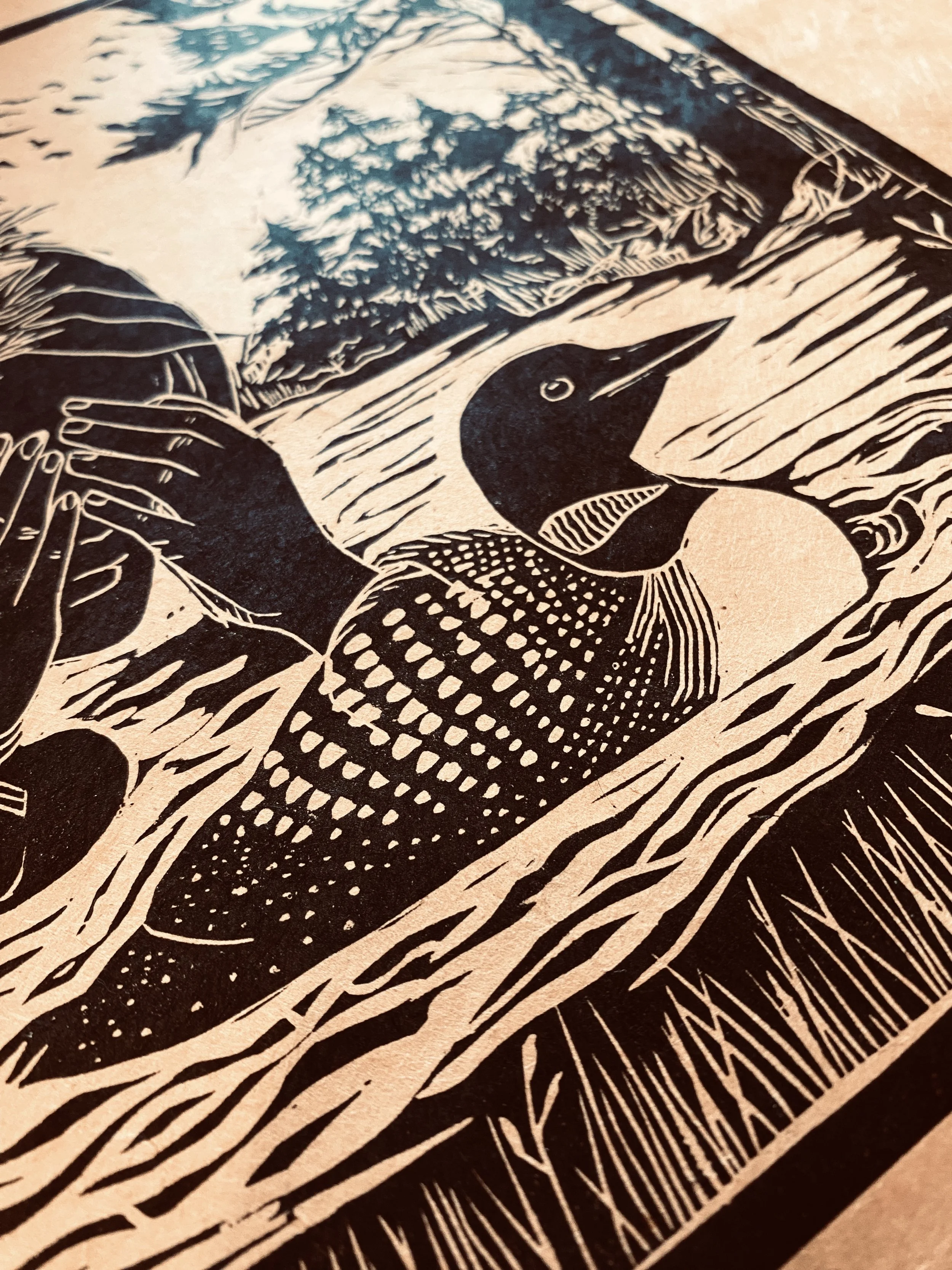 Loon linocut detail