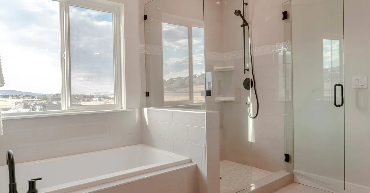 A bathroom with a bathtub next to a glass shower enclosure. A window above the bathtub overlooks houses.