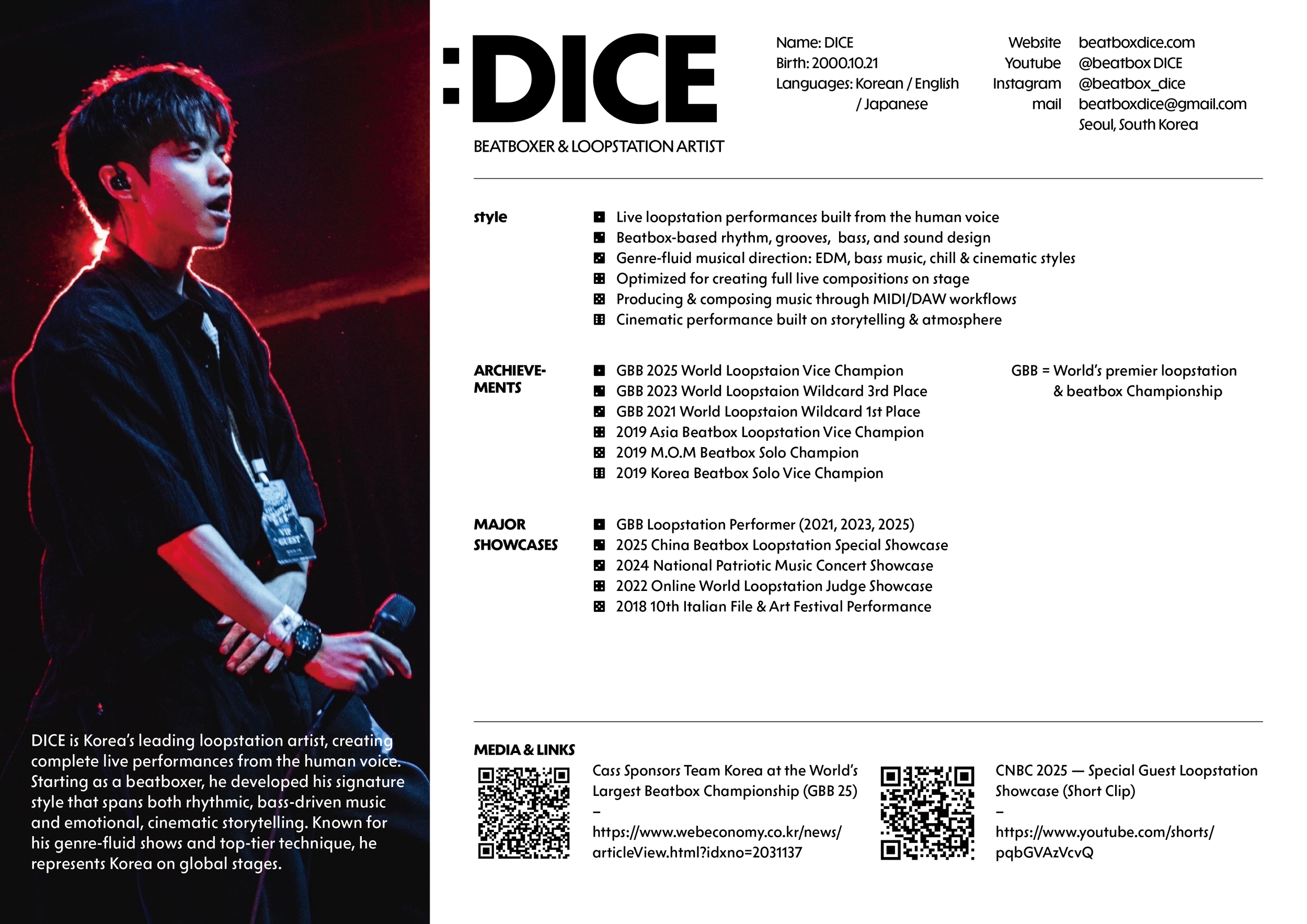 A young man performing on stage, holding a microphone, with a dramatic red and dark lighting background. The right side of the image contains a detailed profile and achievements of the artist, DICE, a beatboxer and loopstation artist from Korea.