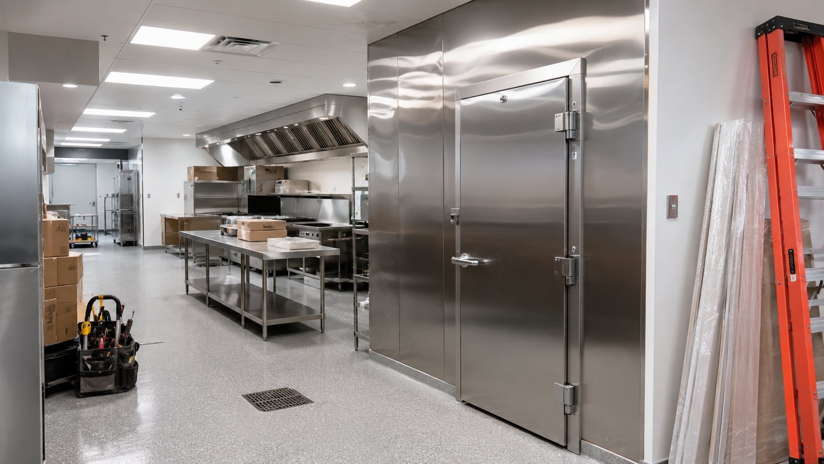 New restaurant kitchen under construction with walk-in cooler installed