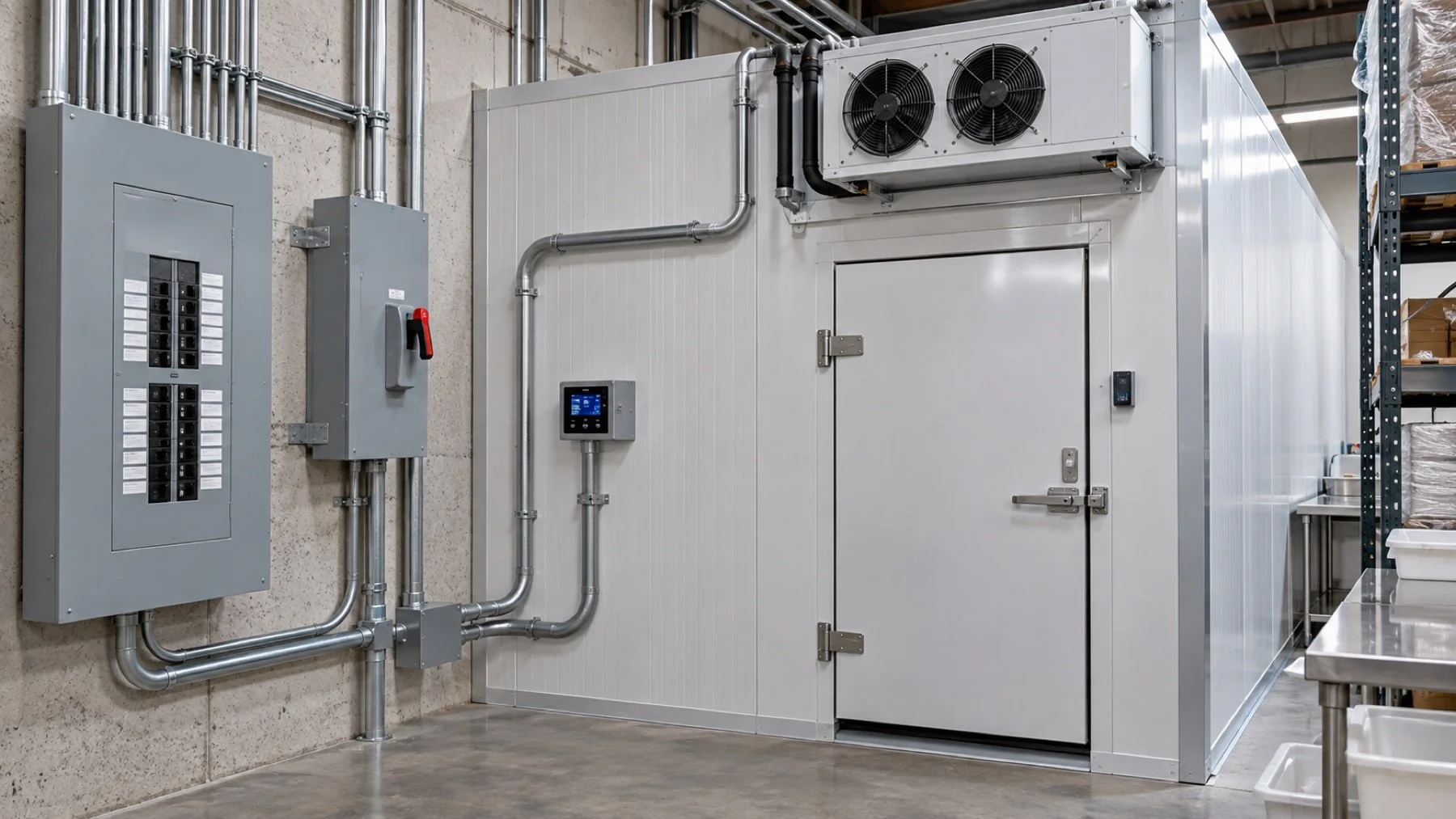 Commercial walk-in cooler electrical disconnects and refrigeration controls installed neatly