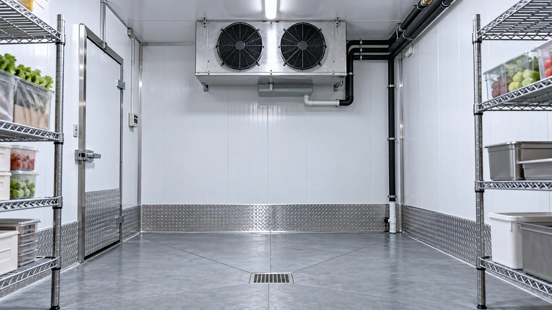 Walk-in cooler evaporator drain pan and neatly routed insulated condensate line