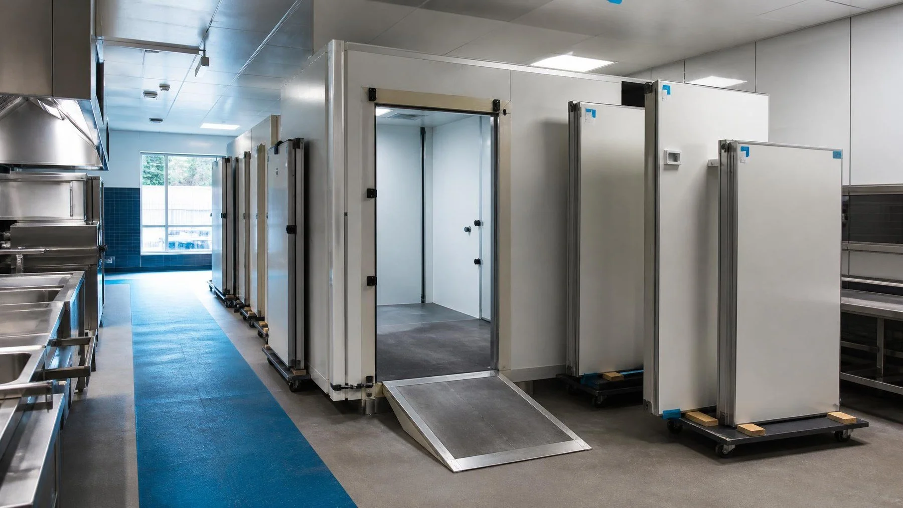 Walk in cooler panels staged beside a commercial kitchen cold room before a planned move